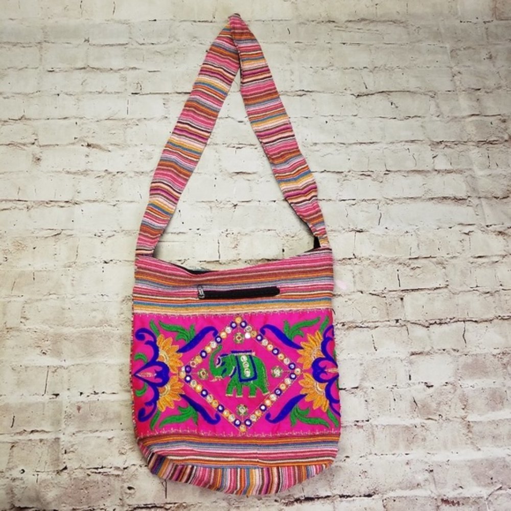 Elephant Embroidered Bag Hobo Crossbody Tote Neon Sequin Boho Colorful Shopper